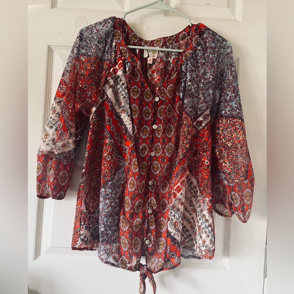 Fig and Flower Women Semi‎ Sheer Floral Tie Waist Button Front 3/4 Sleeve Blouse